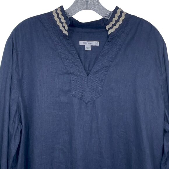 CHICO'S Rick Rack Trim Blouse Top Size 3 Size 16 Linen V-Neck Long Sleeve Navy - Picture 4 of 15